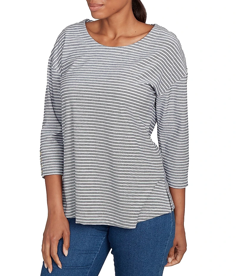 Ruby Rd. Petite Size Stripe Crew Neck 3/4 Sleeve Top
