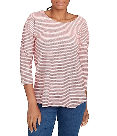 Ruby Rd. Petite Size Stripe Crew Neck 3/4 Sleeve Top