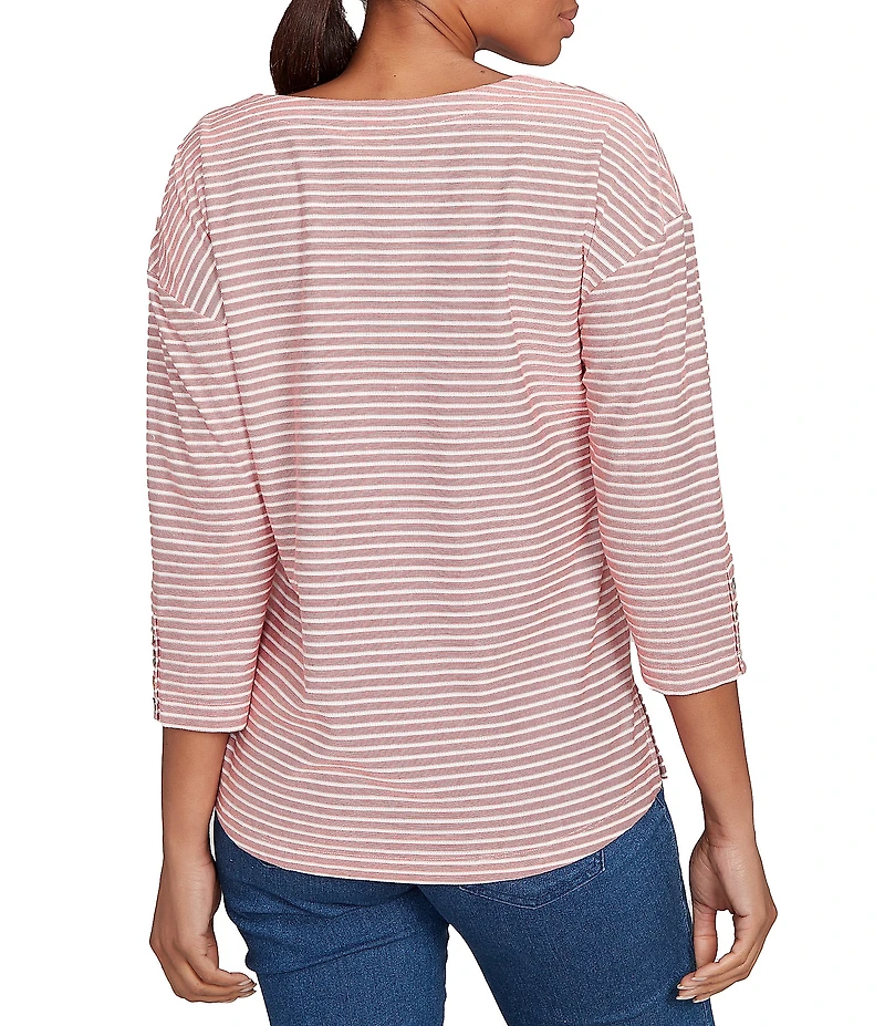 Ruby Rd. Petite Size Stripe Crew Neck 3/4 Sleeve Top