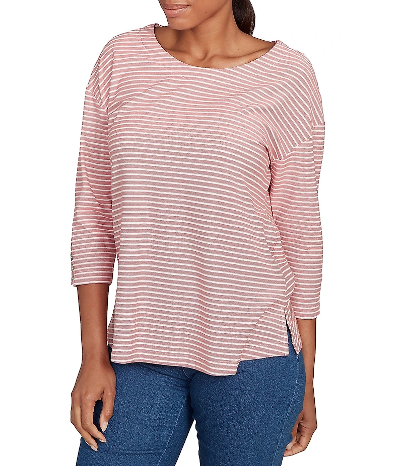 Ruby Rd. Petite Size Stripe Crew Neck 3/4 Sleeve Top