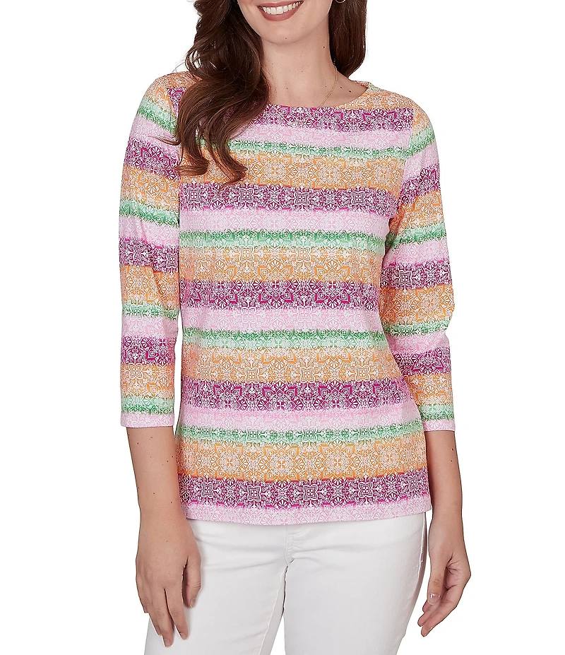 Ruby Rd. Petite Size Stripe Medallion Boat Neck 3/4 Sleeve Top