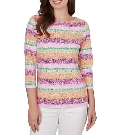 Ruby Rd. Petite Size Stripe Medallion Boat Neck 3/4 Sleeve Top