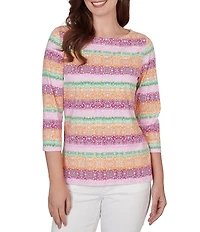 Ruby Rd. Petite Size Stripe Medallion Boat Neck 3/4 Sleeve Top