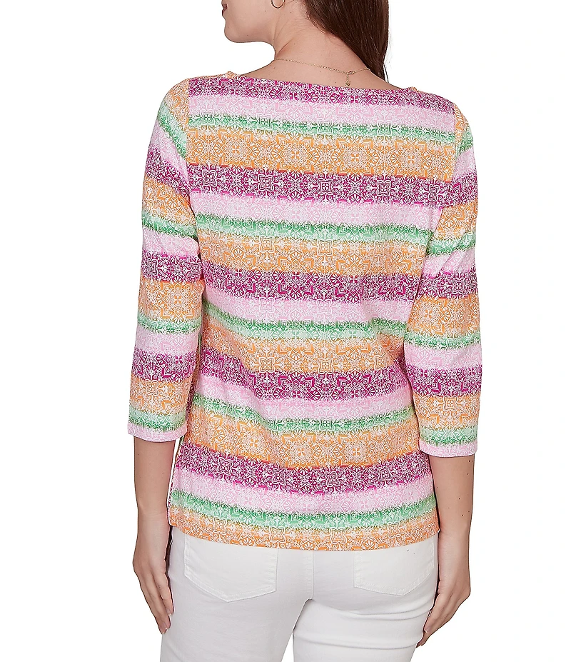 Ruby Rd. Petite Size Stripe Medallion Boat Neck 3/4 Sleeve Top