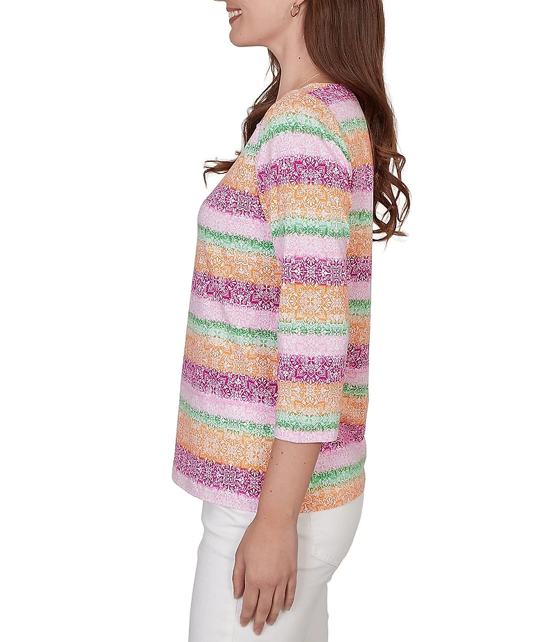 Ruby Rd. Petite Size Stripe Medallion Boat Neck 3/4 Sleeve Top