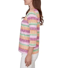 Ruby Rd. Petite Size Stripe Medallion Boat Neck 3/4 Sleeve Top