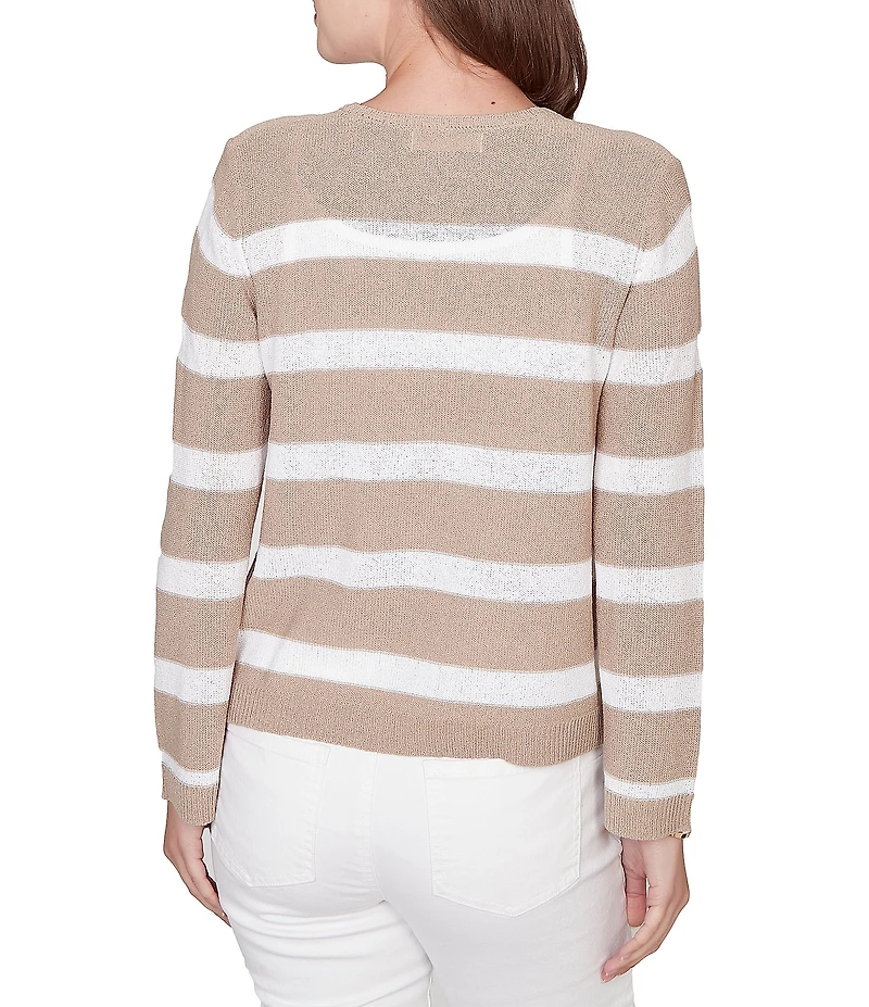 Ruby Rd. Petite Size Stripe V-Neck Long Sleeve Tie-Front Sweater