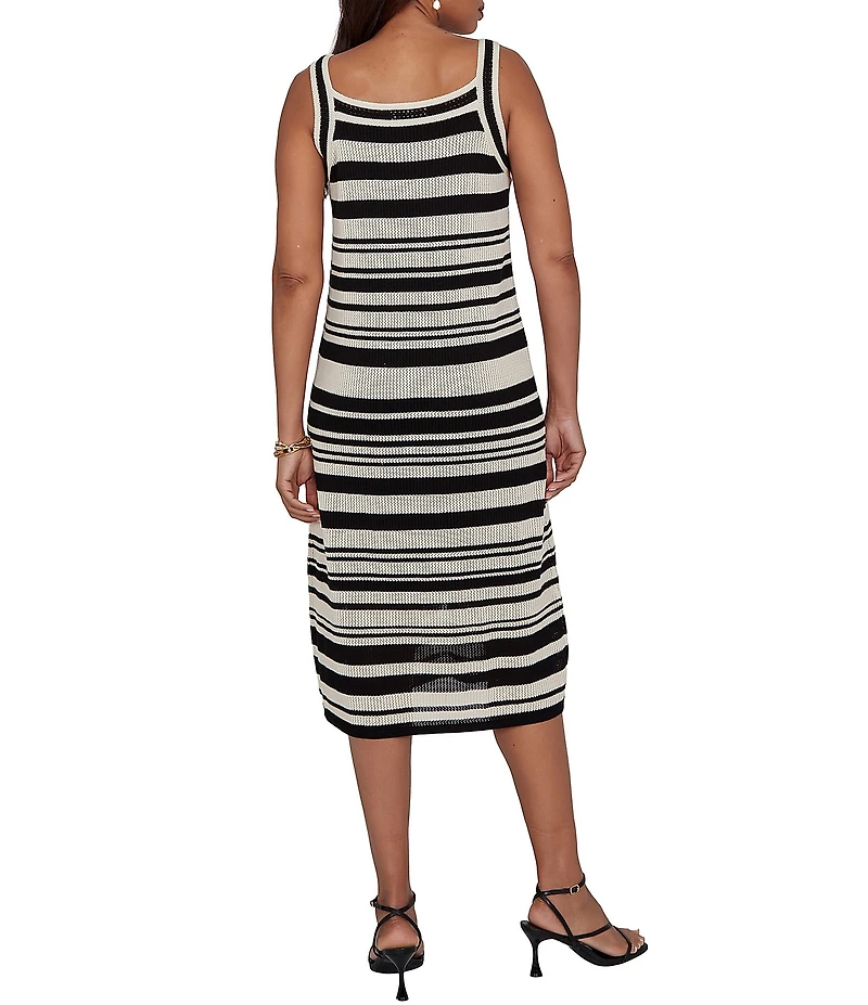 Ruby Rd. Petite Size Striped Mesh Stitch Woven Square Neck Sleeveless Sheath Midi Dress