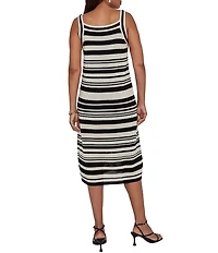 Ruby Rd. Petite Size Striped Mesh Stitch Woven Square Neck Sleeveless Sheath Midi Dress