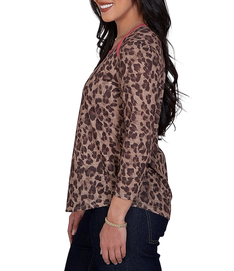 Ruby Rd. Petite Size Sublimation Knit Cheetah Scoop Neck 3/4 Sleeve Solid Trim Pullover