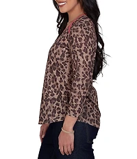 Ruby Rd. Petite Size Sublimation Knit Cheetah Scoop Neck 3/4 Sleeve Solid Trim Pullover