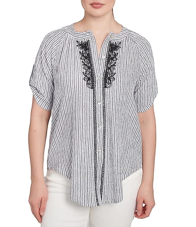 Ruby Rd. Petite Size Super Soft Puckered Embroidered Stripe Button Front Shirt