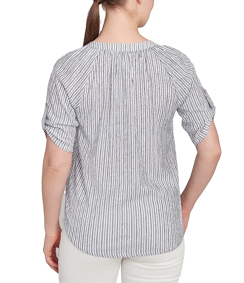 Ruby Rd. Petite Size Super Soft Puckered Embroidered Stripe Button Front Shirt