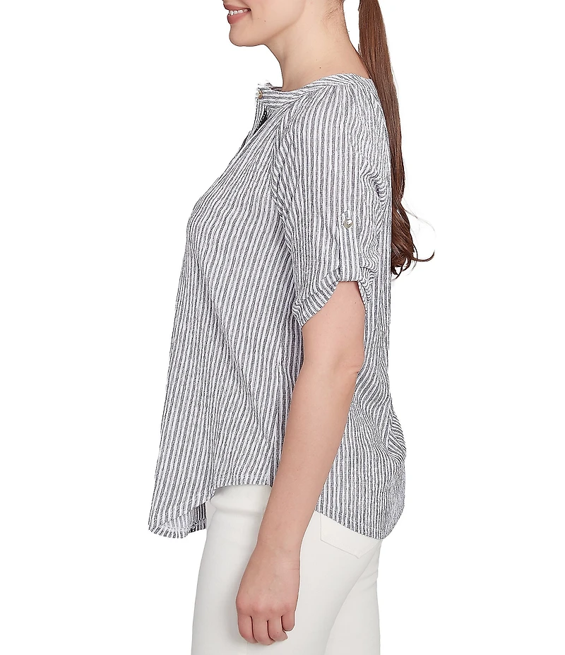 Ruby Rd. Petite Size Super Soft Puckered Embroidered Stripe Button Front Shirt