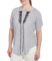 Ruby Rd. Petite Size Super Soft Puckered Embroidered Stripe Button Front Shirt
