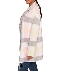 Ruby Rd. Petite Size Sweet Plaid Print Shawl Collar Fringe Open-Front Cozy Cardigan
