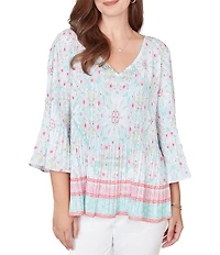 Ruby Rd. Petite Size Tapestry Border Print V-Neck 3/4 Sleeve Blouse