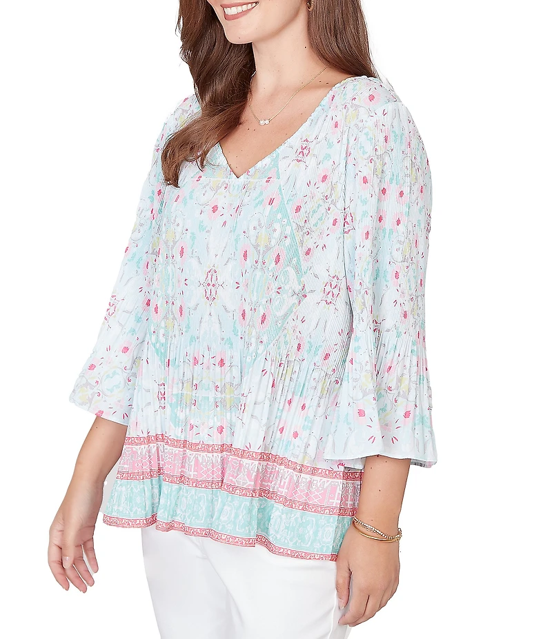 Ruby Rd. Petite Size Tapestry Border Print V-Neck 3/4 Sleeve Blouse