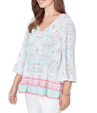 Ruby Rd. Petite Size Tapestry Border Print V-Neck 3/4 Sleeve Blouse
