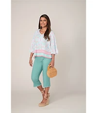 Ruby Rd. Petite Size Tapestry Border Print V-Neck 3/4 Sleeve Blouse