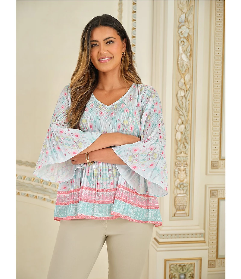 Ruby Rd. Petite Size Tapestry Border Print V-Neck 3/4 Sleeve Blouse