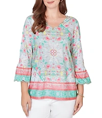 Ruby Rd. Petite Size Tapestry Print Scalloped V-Neck 3/4 Sleeve Top