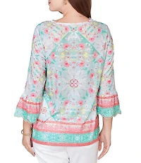 Ruby Rd. Petite Size Tapestry Print Scalloped V-Neck 3/4 Sleeve Top