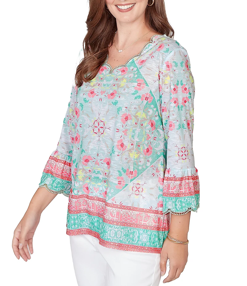 Ruby Rd. Petite Size Tapestry Print Scalloped V-Neck 3/4 Sleeve Top