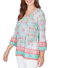 Ruby Rd. Petite Size Tapestry Print Scalloped V-Neck 3/4 Sleeve Top