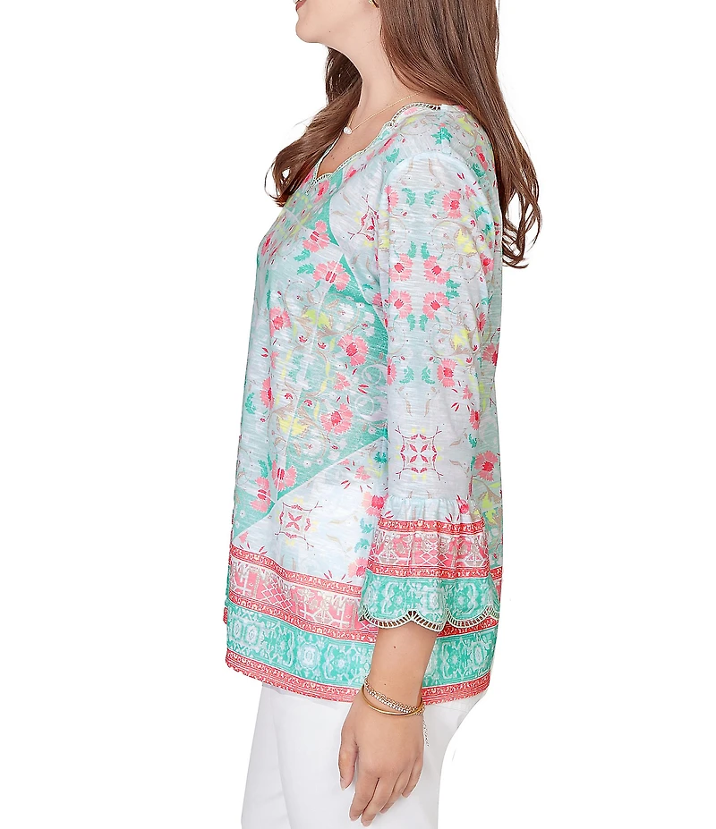 Ruby Rd. Petite Size Tapestry Print Scalloped V-Neck 3/4 Sleeve Top