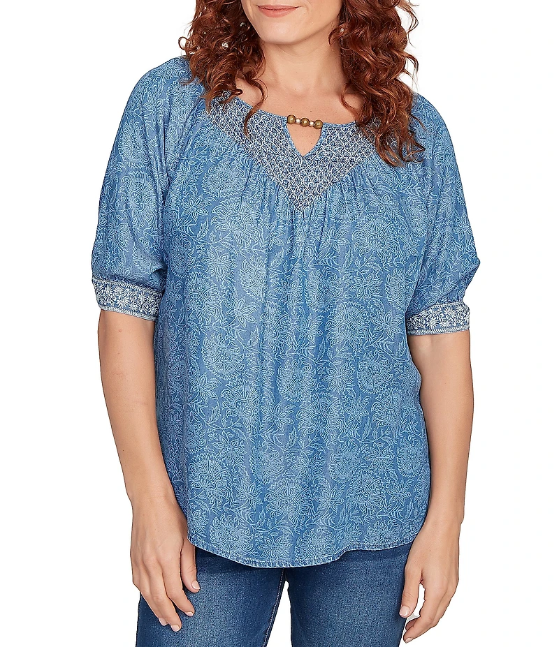 Ruby Rd. Petite Size Tencel™ Embroidered Allover Printed Keyhole Neck Elbow Tie Sleeve Top