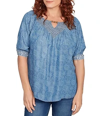 Ruby Rd. Petite Size Tencel™ Embroidered Allover Printed Keyhole Neck Elbow Tie Sleeve Top