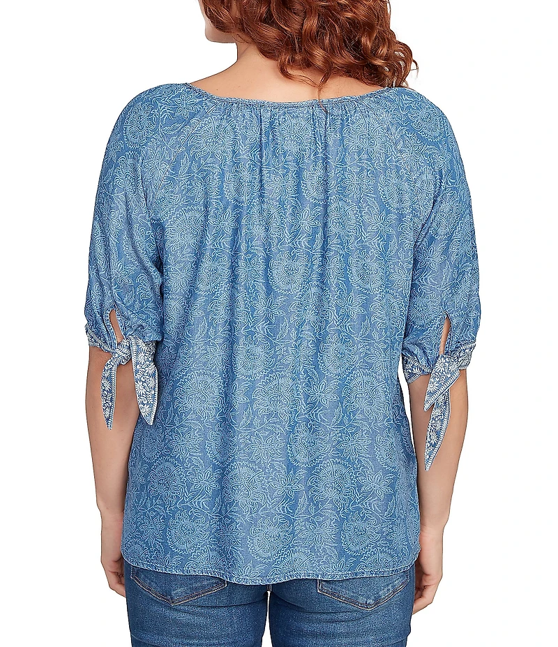 Ruby Rd. Petite Size Tencel™ Embroidered Allover Printed Keyhole Neck Elbow Tie Sleeve Top
