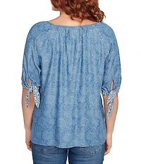 Ruby Rd. Petite Size Tencel™ Embroidered Allover Printed Keyhole Neck Elbow Tie Sleeve Top