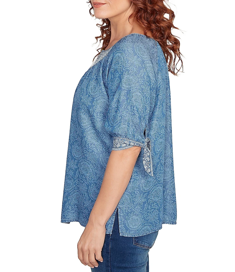 Ruby Rd. Petite Size Tencel™ Embroidered Allover Printed Keyhole Neck Elbow Tie Sleeve Top