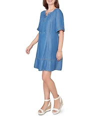 Ruby Rd. Petite Size Tencel™ Split Neck Short Sleeve Lace-Up Shift Dress