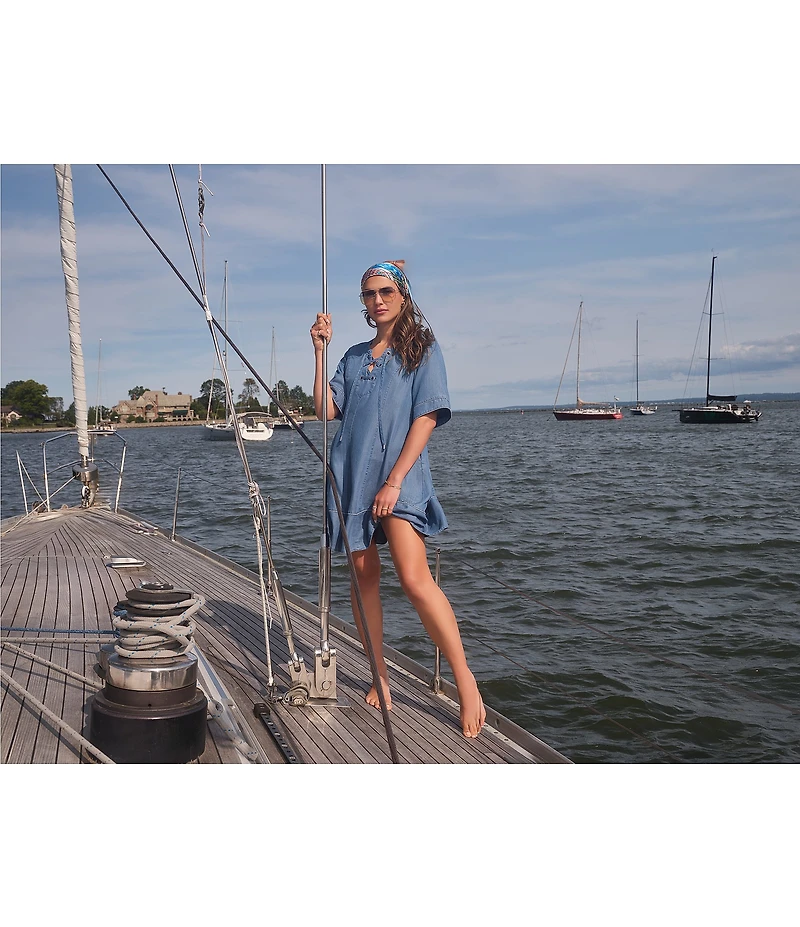 Ruby Rd. Petite Size Tencel™ Split Neck Short Sleeve Lace-Up Shift Dress