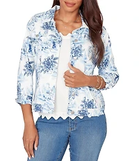 Ruby Rd. Petite Size Tencel™ Toile Print Point Collar Bracelet Roll Sleeve Button-Front Jacket