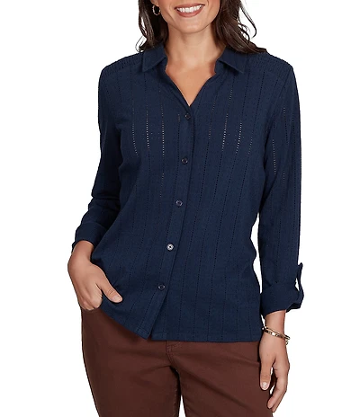 Ruby Rd. Petite Size Textured Dobby Vertical Stripe Point Collar Long Roll-Tab Sleeve Button-Front Shirt