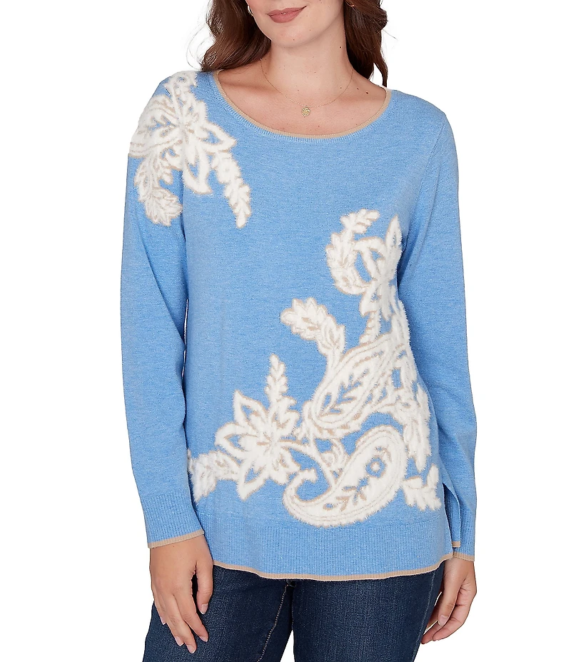 Ruby Rd. Petite Size Textured Eyelash Yarn Paisley Jacquard Ribbed Crew Neck Long Sleeve Sweater