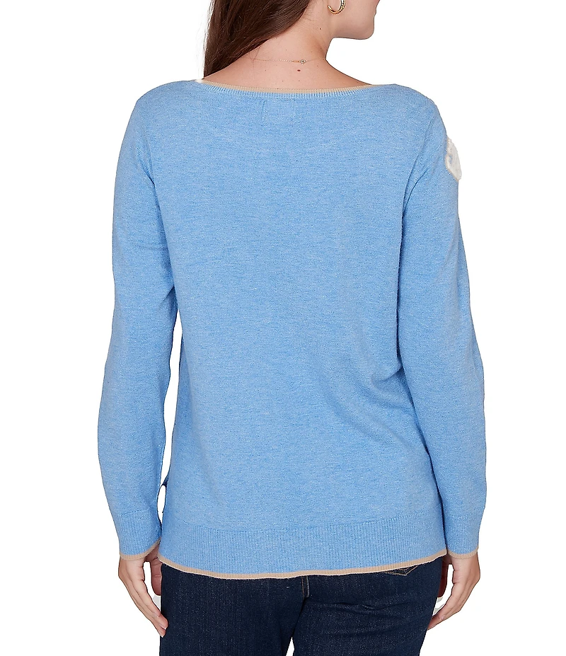 Ruby Rd. Petite Size Textured Eyelash Yarn Paisley Jacquard Ribbed Crew Neck Long Sleeve Sweater