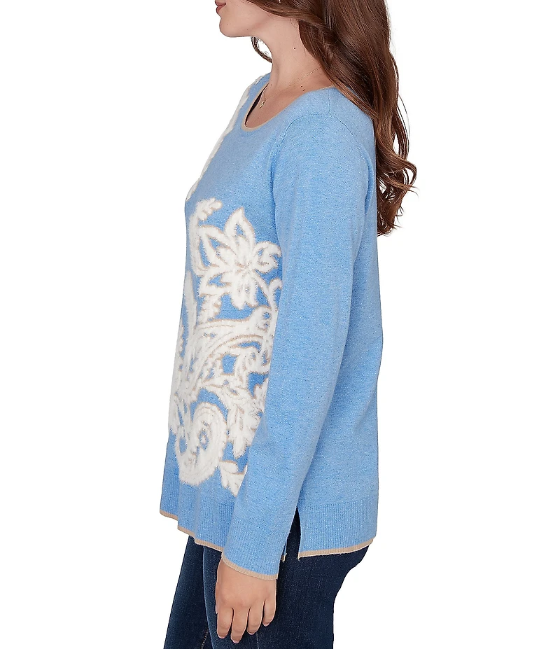 Ruby Rd. Petite Size Textured Eyelash Yarn Paisley Jacquard Ribbed Crew Neck Long Sleeve Sweater