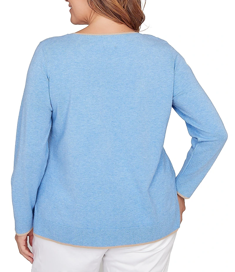 Ruby Rd. Plus Size Textured Eyelash Yarn Paisley Jacquard Ribbed Crew Neck Long Sleeve Sweater