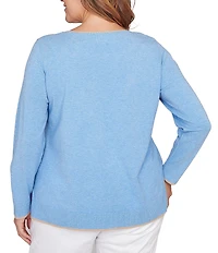 Ruby Rd. Plus Size Textured Eyelash Yarn Paisley Jacquard Ribbed Crew Neck Long Sleeve Sweater