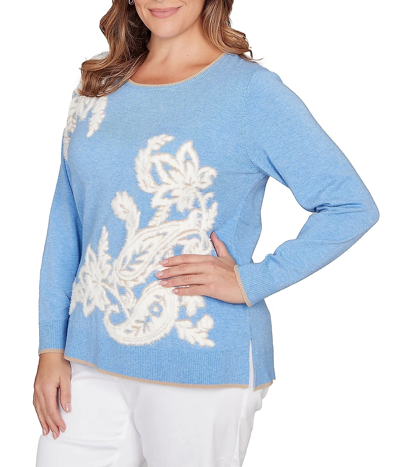 Ruby Rd. Plus Size Textured Eyelash Yarn Paisley Jacquard Ribbed Crew Neck Long Sleeve Sweater