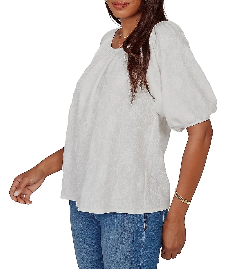 Ruby Rd. Petite Size Textured Jacquard Floral Scoop Neck Elbow Sleeve Top