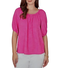 Ruby Rd. Petite Size Textured Jacquard Floral Scoop Neck Elbow Sleeve Top