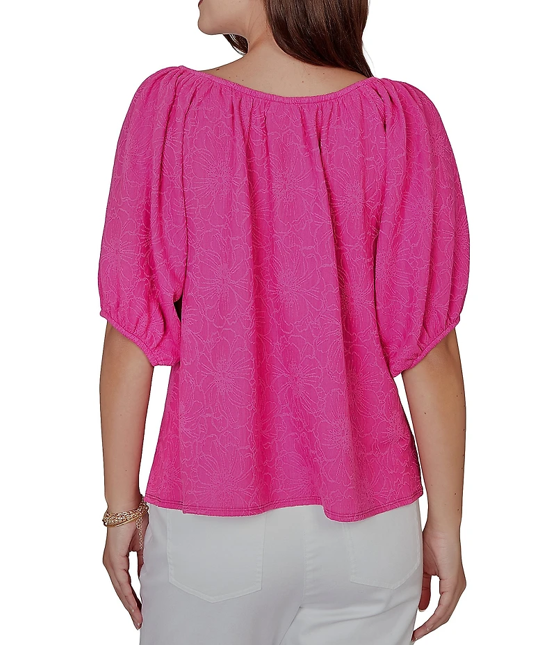 Ruby Rd. Petite Size Textured Jacquard Floral Scoop Neck Elbow Sleeve Top