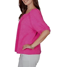 Ruby Rd. Petite Size Textured Jacquard Floral Scoop Neck Elbow Sleeve Top