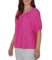 Ruby Rd. Petite Size Textured Jacquard Floral Scoop Neck Elbow Sleeve Top